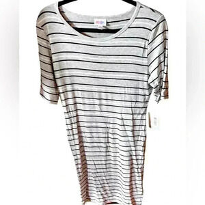 Lularoe Medium grey Julia t‎ shirt dress with black & white pinstripe NWT.